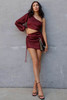 Wine Red Leopard Print Cut-out One Shoulder Mini Dress