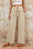 Khaki Drawstring Waist Crinkled Wide Leg Pants