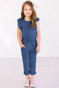 Blue Little Girls Ruffled Shoulder Keyhole Back Jumpsuit with Pockets