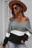 Gray Colorblock V Neck Sweater