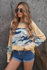 Camo Print Splicing Waffle Knit Long Sleeve Top with Thumb Hole