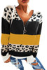 Color Block Leopard Zip V Neck Casual Sweater