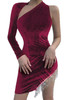 Burgundy Fringe One Shoulder Long Sleeve Mini Dress