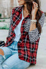 Red Plaid Splicing Hit Color Pockets Turndown Collar Long Sleeve Shirt