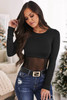 Black Mesh Splicing Long Sleeve Bodysuit