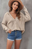 Apricot Zipper V-neck Dropped Sleeve Hooded Solid Sweater