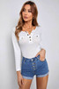 White Ribbed Front Button Mock Pockets Long Sleeve Top