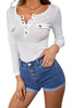 White Ribbed Front Button Mock Pockets Long Sleeve Top