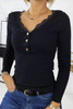 Black Lace Splicing Buttons V Neck Long Sleeve Top