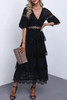 Black Swiss Dot Print See-through Lace Patch Layered Long Dress