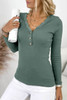 Army Green Lace Splicing Buttons V Neck Long Sleeve Top