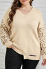 Khaki Distressed Hemline Leopard Sleeve Plus Size Sweater