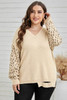 Khaki Distressed Hemline Leopard Sleeve Plus Size Sweater