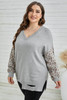 Gray Distressed Hemline Leopard Sleeve Plus Size Sweater