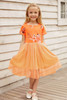 Orange Short Sleeves Floral Bodice Empire Waist Kids' Tulle Dress