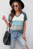 Sky Blue Stripe Print Knitted V Neck Top