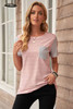 Pink Striped Short Sleeve Contrast Color T-Shirt with Pocket