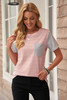 Pink Striped Short Sleeve Contrast Color T-Shirt with Pocket
