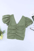 Green Puff Sleeve Ruched V Neck Crop Top