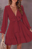 Burgundy Deep V Neck Lantern Sleeve Knotted Tiered Mini Dress