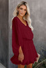 Wine Red Waved Stripes Textured Balloon Sleeve Tiered Dress