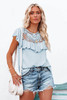 Sky Blue Lace Splicing Ruffled Short Sleeve T-shirt