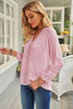 Pink V Neck 3/4 Sleeve Swiss Dot Casual Shirt