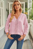 Pink V Neck 3/4 Sleeve Swiss Dot Casual Shirt