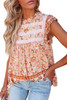 Orange Floral Print Ruffled Crew Neck Sleeveless Top