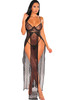 Black Sheer Lace Double Splits Maxi Gown with Thong Lingerie Set