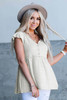 Beige Buttons V Neck Waffle Knit Babydoll Top