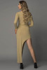 Apricot Scoop Neck Long Sleeve Rib Knit Bodycon Dress with Split