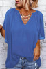 Blue Split Neck Pleated Loose Blouse