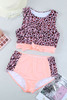Pink Leopard Patchwork Tie Knot High Waist Bikini Swimsuit