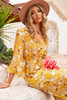 Yellow Floral Print Wide Leg Buttons V Neck Jumpsuit