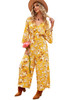 Yellow Floral Print Wide Leg Buttons V Neck Jumpsuit