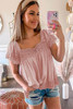 Pink Lace Pom Pom Splicing Square Neck Blouse