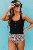 Black Square Neck Sleeveless Fashion Print Tankini Set