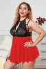 Red Lace Mesh Crochet Sleeveless Plus Size Babydoll