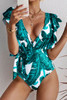 Green Sexy Deep V Neck Floral Print Ruffles One Piece Swimwear