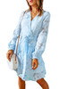 Sky Blue Textured Pattern Surplice V Neck Bubble Sleeve Ruffled Dress