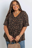 Black Leopard Print Ruffled V Neck Plus Size T-shirt