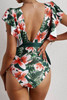 Sexy Deep V Neck Floral Print Ruffles One Piece Swimwear