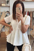 White Scalloped Trim Buttons Crinkled Peplum Top