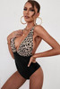 Leopard Splicing Ruched Halter Neck Backless Swimwear