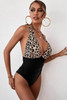 Leopard Splicing Ruched Halter Neck Backless Swimwear