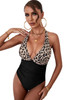 Leopard Splicing Ruched Halter Neck Backless Swimwear