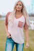 Pink Colorblock V Neck T Shirt with Pocket