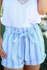 Sky Blue Striped Print Rolled Hem Belted High Waist Shorts