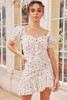 Floral Print Lace-up Ruched Square Neck Puff Sleeve Mini Dress